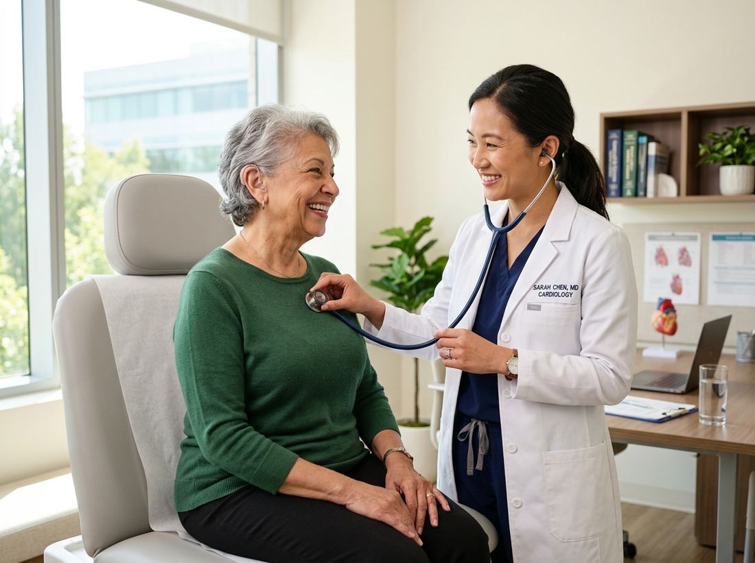 Médica cardiologista atendendo paciente com carinho e atenção